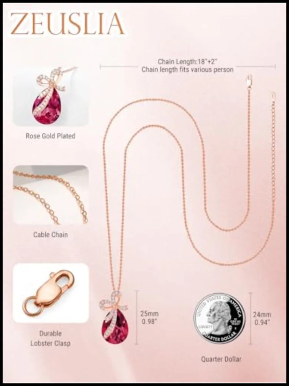 925 Sterling Silver Teardrop Crystal Pendant Necklace with Birthstone